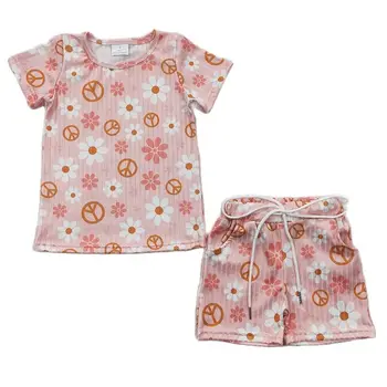 Оптовая продажа пижамы с цветочным рисунком для маленьких девочек, рубашка с короткими рукавами для малышей, шорты, детский комплект, детская хлопковая новая пижама, ночное белье