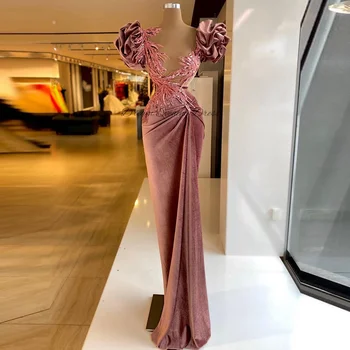 2023 Розово-золотистые бархатные платья Русалки для выпускного вечера Для женщин, пышные рукава, блестки, вечернее платье с открытой шеей, вечернее платье De Soirée