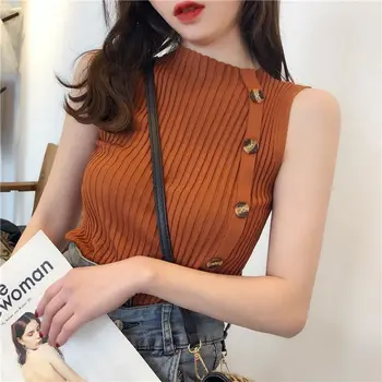 Гонконгский винтажный вязаный топ на бретелях, женская корейская версия, Летний топ с пуговицами, футболка без рукавов