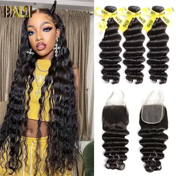 Волосы BAISI Hair 12A из перуанских натуральных волос, плетение натуральной волны, 3 пучка волос с кружевной застежкой для чернокожих женщин