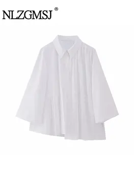 Nlzgmsj TRAF Женская Мода Подол Асимметричный Плиссированная Белая Блузка Офисная Женская Однобортная Рубашка Шикарная Сорочка Blusas Топы