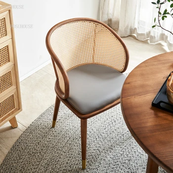 Легкий Роскошный обеденный стул из ротанга со спинкой для гостиной, Современная мебель для столовой, домашняя мягкая сумка из массива дерева, Средневековые стулья для столовой