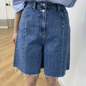 Джинсовые шорты для женщин 2023, новые винтажные прямые джинсовые шорты на двух пуговицах с высокой талией, Корейские модные шикарные повседневные шорты