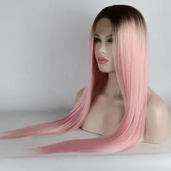 Синтетический парик с кружевом спереди, черные корни, Омбре, Розовые Прямые волосы из термостойких волокон, Естественный пробор посередине для женщин