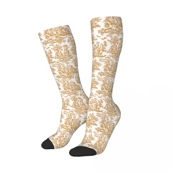 Новые винтажные носки Toile De Jouy с принтом для девочек, женские эластичные спортивные чулки до колена с французским мотивом, светло-коричневые и белые чулки