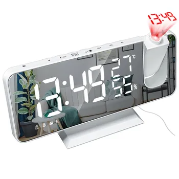 Светодиодный цифровой будильник Настольные часы с проекцией на 180 ° Электронные настольные часы USB-будильник FM-радио Функция повтора времени Будильник