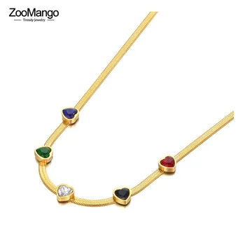 ZooMango Из нержавеющей стали Разноцветные ожерелья с фианитами в виде сердца Для женщин Модное колье-цепочка в виде змеи ZN22073