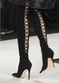 Элегантные черные замшевые сапоги до бедра, сапоги выше колена на шнуровке с острым носком сзади, женские гладиаторские длинные сапоги с вырезами, женские