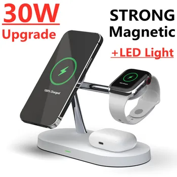 НОВОЕ Магнитное Беспроводное Зарядное Устройство мощностью 30 Вт 3 в 1 для iPhone 13 12 Pro Max Станция Быстрой зарядки Apple Watch 6 SE Airpods Pro 2 3