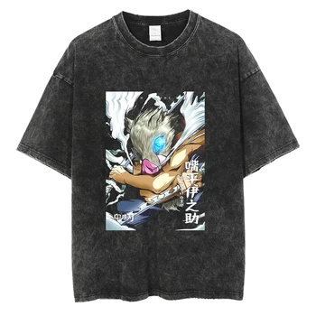 Мужская винтажная футболка, уличная одежда из японского аниме Demon Slayer, футболка с графическим рисунком, Harajuku, Летние хлопковые футболки с коротким рукавом Оверсайз