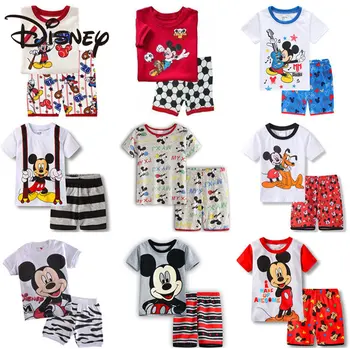 Детский костюм Disney с коротким рукавом, Хлопковая футболка для мальчиков, летняя детская одежда, шорты для девочек, детский Микки Маус