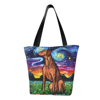 Сумки-тоут Vizsla Starry Night с кавайным принтом, многоразовые холщовые сумки для покупок, сумка для любителей домашних собак