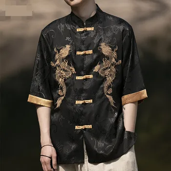 Летнее китайское традиционное платье большого размера, высококачественная рубашка с вышивкой дракона, мужская одежда, винтажные топы из ледяного шелка с коротким рукавом