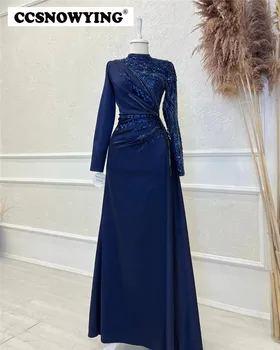 Мусульманские вечерние платья королевского синего цвета с длинным рукавом, Атласное исламское вечернее платье с бисером, женский хиджаб, арабский кафтан, вечернее платье