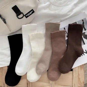 Весенние и осенние однотонные черные и бело-коричневые Мужские и женские носки General Medium, Универсальные спортивные дышащие хлопчатобумажные носки