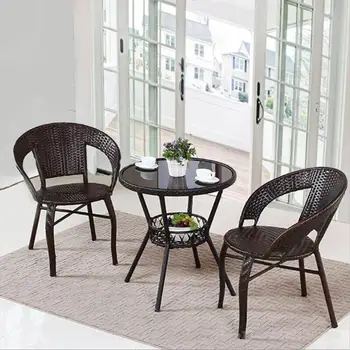 Ротанговый стул, журнальный столик, набор из трех предметов, Маленький столик и стул для балкона, Чайный столик, ротанговый стул для отдыха в саду, Высокий стул Teng