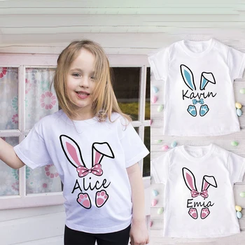 Персонализированная детская Пасхальная рубашка с пользовательским именем, футболка с кроликом для мальчиков и девочек, одежда для Пасхальной вечеринки, рубашки для братьев и сестер