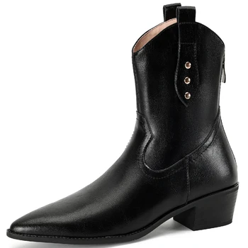Ботильоны с острыми носками для женщин, обувь из натуральной кожи, черные, коричневые короткие ботинки на низком каблуке, зимняя обувь для зрелых женщин в стиле Ретро, Женский бренд