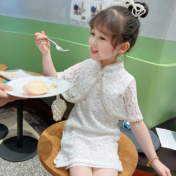 Платья Чонсам для девочек Летнее кружевное платье без рукавов в китайском стиле + шаль Hanfu Элегантная Детская одежда для маленьких девочек Vestidos