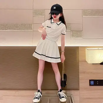 2023 Новая Корейская школьная форма для девочек, Плиссированная юбка, Короткая блузка, поло, Платье трапециевидной формы, Полный комплект детской костюмной одежды