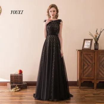 Элегантные черные вечерние платья 2021 с круглым вырезом, женские длинные платья для выпускного вечера из кружева и тюля