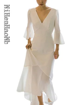 Весеннее элегантное свадебное платье с V-образным вырезом и длинным рукавом, повседневное свадебное платье, французское винтажное платье Vestido De Novia