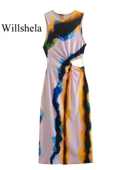 Willshela Женское модное плиссированное платье Миди с принтом из тюля, винтажное женское платье без рукавов с круглым вырезом, шикарные женские платья