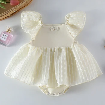 Летнее платье для маленьких девочек, комбинезон с летящими рукавами, Хлопковый однотонный комбинезон для маленьких девочек 0-24 м, одежда для маленьких девочек