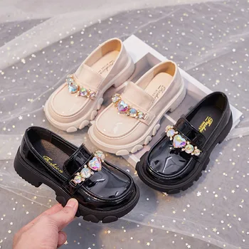 Осенняя детская кожаная обувь, свадебные туфли с украшением в виде кристаллов Для девочек, Тонкие туфли, Детские туфли принцессы на низком каблуке, Черный, бежевый