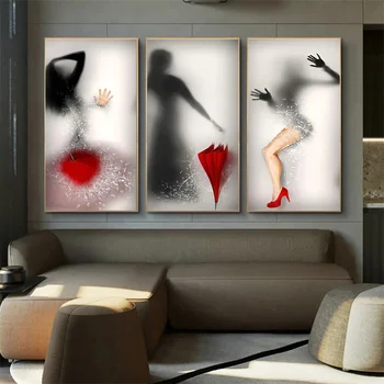 Отражение сексуальной стройной женщины в битом стекле, отпечатки на холсте, Настенное искусство, Красный зонтик, картина на высоких каблуках, декор стен дома