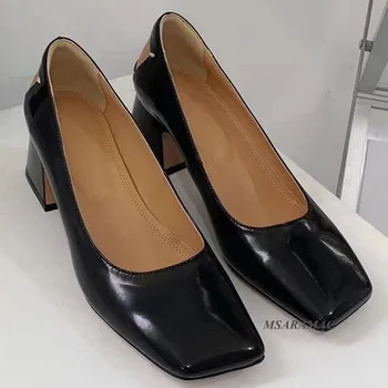 Весна 2023, женские черные кожаные лоферы без застежки на высоком каблуке с квадратным носком, Неглубокая рабочая обувь, модельные туфли для карьеры, женские