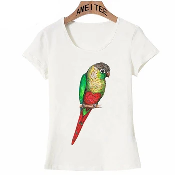 Новая летняя модная женская футболка с милым зеленощеким попугаем и принтом сердца на животе, Футболка для девочек, повседневные топы, футболки с попугаем