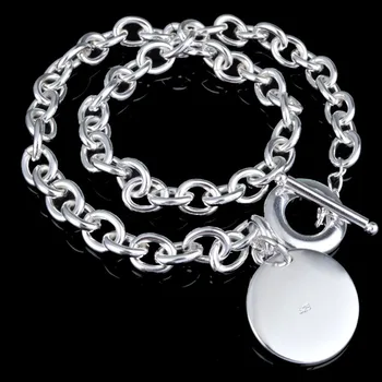 Посеребренные колье и браслет в виде кругов, браслет в виде цепочки в виде круга, ожерелье с круглой биркой, набор модных украшений