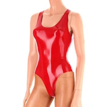 Бесплатная доставка! Красный сексуальный латексный купальник без рукавов с высоким вырезом, открытыми отверстиями на спине, круглым воротником, облегающий костюм, резиновый боди