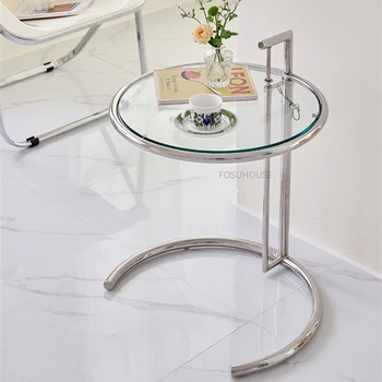 Маленькие боковые столики из скандинавской нержавеющей стали для мебели для кафе Приставной столик из прозрачного закаленного стекла Кофейный подъемный столик