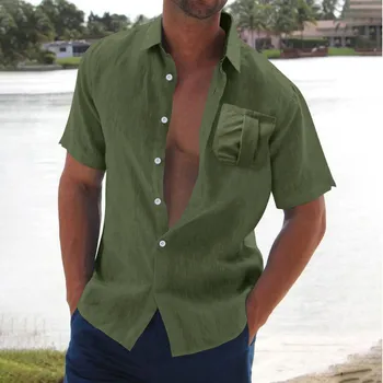 мужская повседневная футболка из плотной ткани с карманом на подоле, короткий рукав, отложной воротник, пуговица на рубашке, официальная рубашка средней длины
