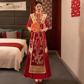 Китайский Брак Невеста Бисероплетение Вечернее Платье Одежда Для Тостов Блестящие Красные Блестки Феникс Вышивка Свадебное Платье китайская одежда