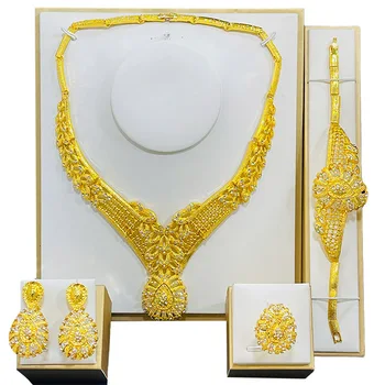 Индийские ювелирные наборы 24-каратное позолоченное свадебное африканское ожерелье, браслеты, серьги, кольцо, женский подарок подружке невесты, ювелирные изделия из Дубая