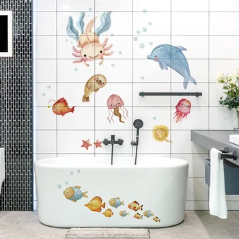 Обои с морскими животными из мультфильмов, наклейки для ванны, украшения ванной комнаты, наклейки на стены, Самоклеящиеся