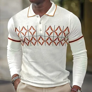 Новая весенняя мужская рубашка поло в европейском и американском стиле с 3D-печатью 2023 года в стиле ретро с длинными рукавами