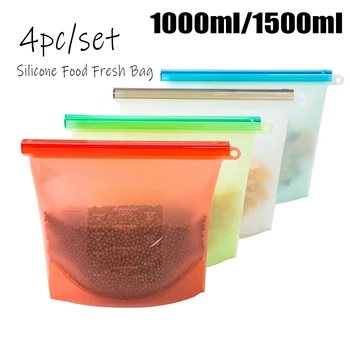 силиконовый пакет 4шт, многоразовый силиконовый пакет для продуктов с нулевыми отходами, сумка для хранения продуктов на молнии, холодильник, органайзер для свежих пакетов, 1000 мл/ 1500 мл