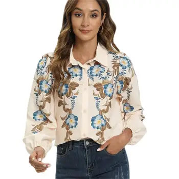 Шикарные женские рубашки 2023, новая модная блузка с цветочным принтом с длинным рукавом, топ для современной девушки