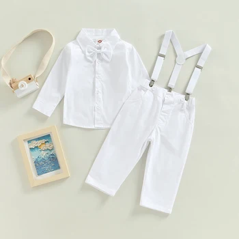 Комплекты Джентльменской одежды для маленьких мальчиков, однотонная рубашка с длинными рукавами и пуговицами с лацканами + галстук-бабочка + брюки на подтяжках, детские комплекты