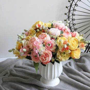 1 Букет 5 Бранчей Искусственные цветы пиона и гортензии для свадьбы, Дня рождения, вечеринки, домашнего стола, красочных цветов