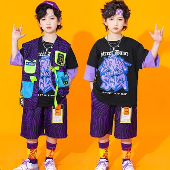 Детские танцевальные костюмы в стиле хип-хоп, свободные фиолетовые костюмы в стиле хип-хоп Для девочек и мальчиков, одежда для джазовых танцев, одежда для рейва DQS12259