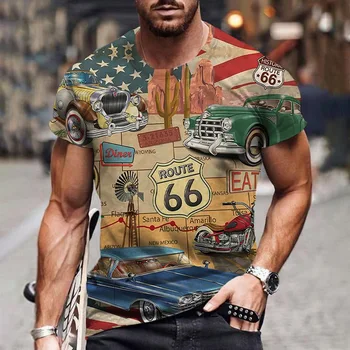 Новая летняя мужская футболка Route 66 Racing с 3D принтом, повседневная футболка с коротким рукавом, винтажная мужская одежда Harajuku Оверсайз
