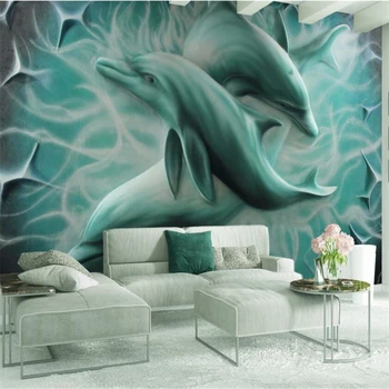 wellyu 3D рельефный Дельфин ТВ фон дивана настенная роспись на заказ большая фреска зеленые обои papel de parede para quarto