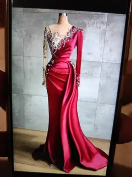 Verngo, изысканные вечерние платья с русалочкой красного цвета, длинные рукава, V-образный вырез, бриллиантовые бусы, складки, платья для выпускного вечера, Дубай, Арабское женское вечернее платье