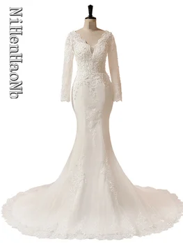 Свадебные платья Русалки с V-образным вырезом и длинными рукавами, кружевное свадебное платье на заказ, Vestido De Noiva