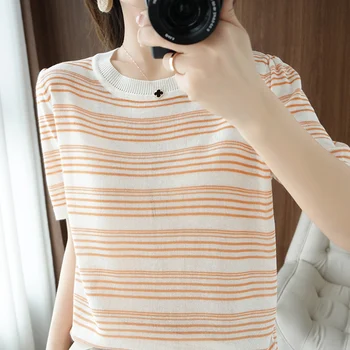 Летняя женская полосатая футболка в корейском стиле, свободный круглый вырез, модный повседневный вязаный пуловер из хлопка с коротким рукавом